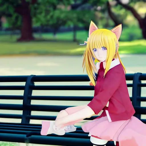 Prompt: 3 d photo of an anime girl with cat ears and long blond hair looking to her side sitting on a bench with a park behind her bokeh shader anime