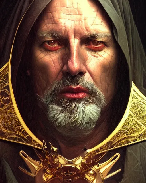 Prompt: realistic portrait of a nasty bishop, cross, evil, heroic pose, beautiful face, bible, full body, dramatic lighting, intricate, wild, highly detailed, digital painting, artstation, concept art, smooth, sharp focus, illustration, art by artgerm and greg rutkowski and alphonse mucha, footage from space camera