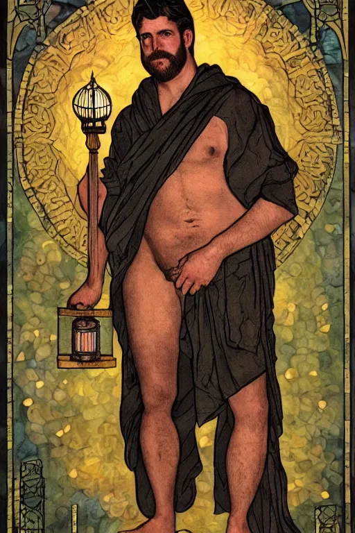 Prompt: tarot card of a shirtless handsome thick cowboy holding a lantern | dark tela robe, dad bod, homoerotic, art deco, art nouveau, | by louis comfort tiffany | trending on artstation