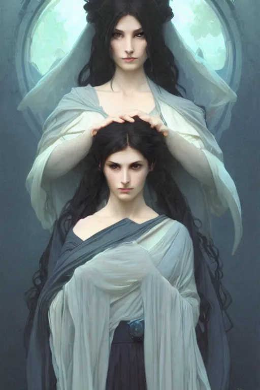 Prompt: portrait of a beautiful dark mystical woman, ice blue eyes, artstation, concept art, smooth, sharp focus, illustration, art by artgerm and greg rutkowski and alphonse mucha and william - adolphe bouguereau