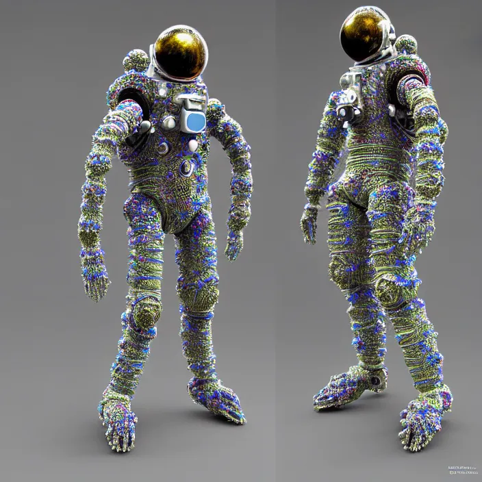 Image similar to a cybernetic symbiosis of a single astronaut mech-organic eva suit made of pearlescent wearing anodized thread knitted shiny ceramic multi colored yarn thread infected with kevlar,ferrofluid drips,carbon fiber,ceramic cracks,gaseous blob materials and diamond 3d fractal lace iridescent bubble 3d skin dotted covered with orb stalks of insectoid compound eye camera lenses orbs floats through the living room, film still from the movie directed by Denis Villeneuve with art direction by Salvador Dalí, wide lens,