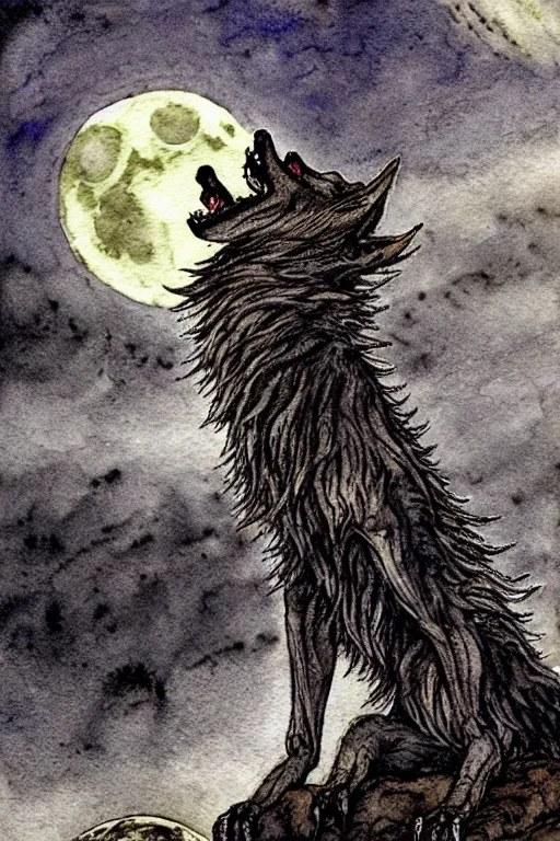 Prompt: one detailed werewolf howling at the moon, art by luis royo and walter crane and kay nielsen, watercolor illustration, ultra sharp focus, wot