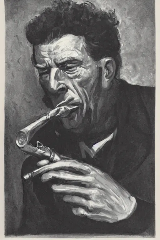 Image similar to portrait of kramer from senfeld, smoking a pipe, atmospheric, black and white