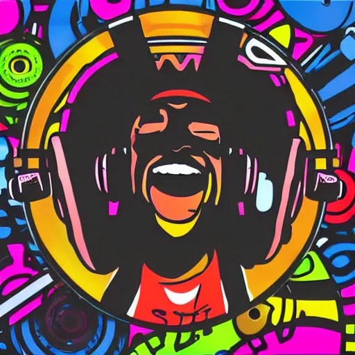 Image similar to svg sticker of a Dancing-Ben-Harper-Snoop-Spike-Lee-with-a-large-Afro-Puff, at a rave, spinning records, giant headphones rocking out, wearing headphones, huge speakers, dancing, rave, DJ, spinning records, digital art, amazing composition, rule-of-thirds, award-winning, trending on artstation, featured on deviantart