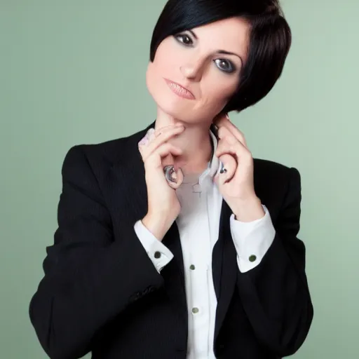 Image similar to brunette woman, black business suit, green eyes, short hair with flipped out hairstyle