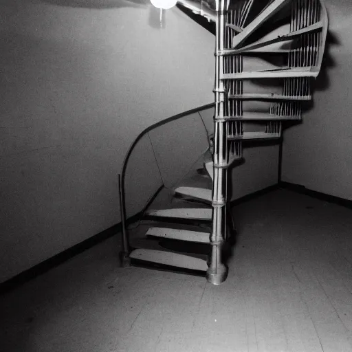 Image similar to found footage of spiral staircase in the basement of a mid - century home descending into darkness, hi - 8 camera, night vision