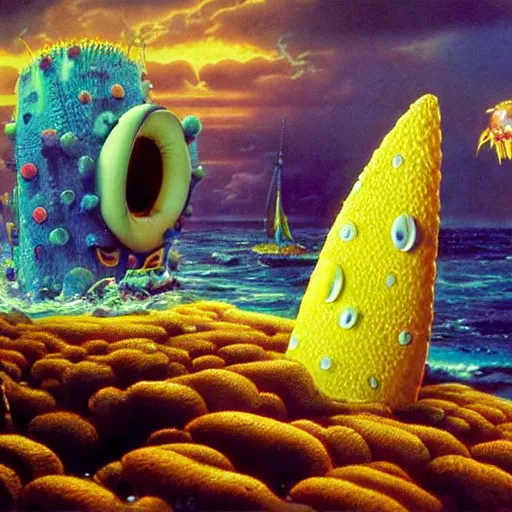 Image similar to ridley scott spongebob, epic, cinematic shot, 8k, by Bruce Pennington, sharp focus, highly detailed, saturated