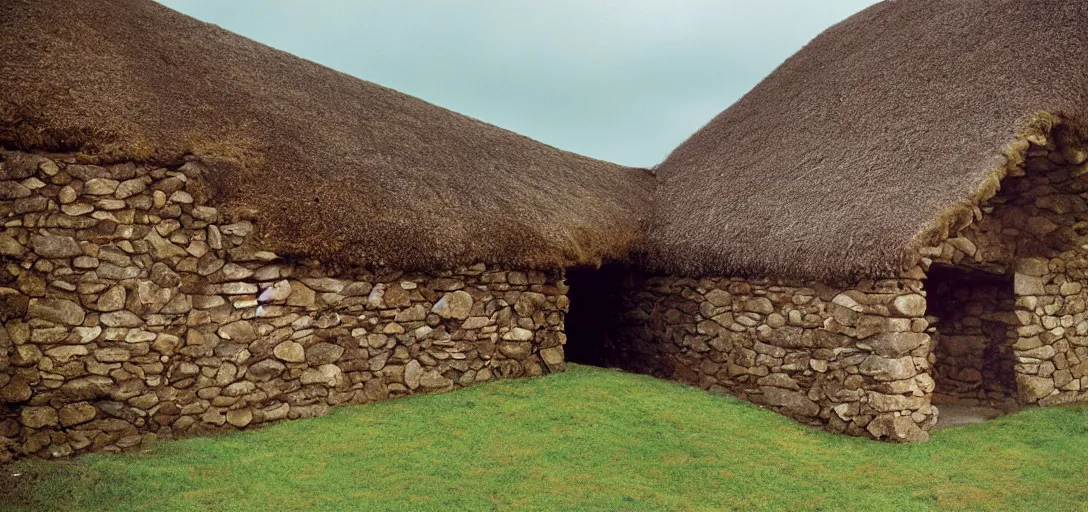 Image similar to scottish blackhouse designed by oscar niemeyer. fujinon premista 1 9 - 4 5 mm t 2. 9. portra 8 0 0.