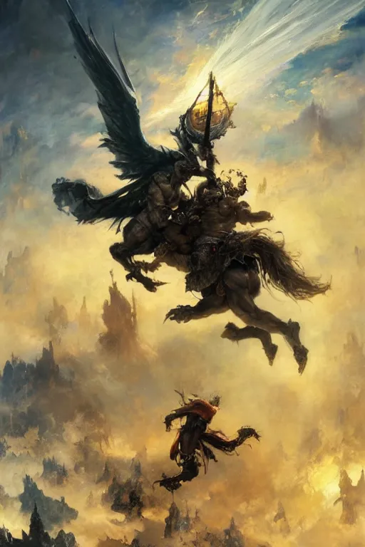 Prompt: epic sky battle between good and evil, dark fantasy, trending on art station, highly detailed, dramatic by frank frazetta, ilya repin, 8k,