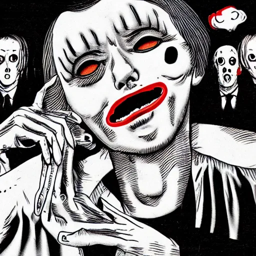 Prompt: Go to bed. Horror photo in style of Junji Ito