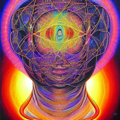 Image similar to realistic detailed image of the human consciousness contained in a vessel that is a vast holographic universal mind by Alex Grey, Terence McKenna, and Adam Jones, Psychedelic, sacred geometry, rich deep colors. Alex Grey Painting, part by Cameron Grey. masterpeice