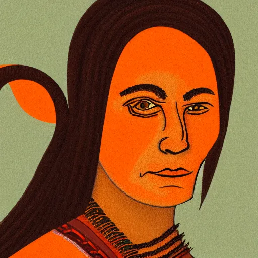 Image similar to illustrated portrait of ugly ram-horned woman with orange skin