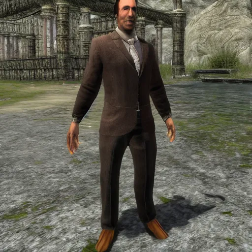 Image similar to saul goodman visits cyrodiil, oblivion, highly detailed, realistic, elder scrolls, adventuring gear, business suit