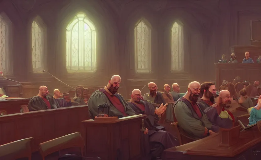 Prompt: the courtroom, close up a bald man in a skirt, no blur, 4 k resolution, ultra detailed, style of marc simonetti, tyler edlin, deviantart