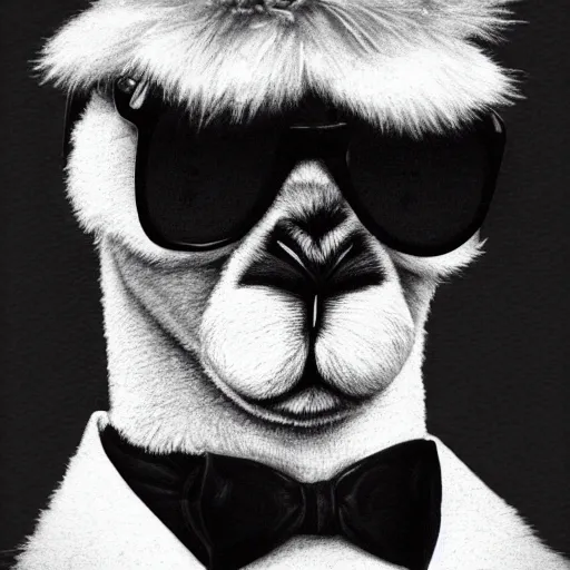 Prompt: a portrait of a male alpaca character in a clean background by ndrews, esao, in suit with black glasses