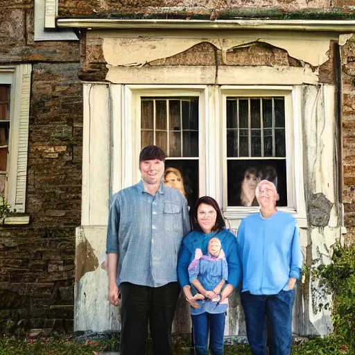 Prompt: family photograph in front of an old house, a ghostly face is visible in one of the windows