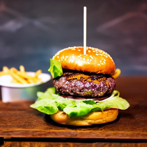 Image similar to the perfect burger, award winning photo, food photography, golden hour, with fries, upside down