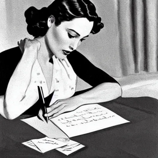 Prompt: 1950 painting of Gal Gadot writing a letter