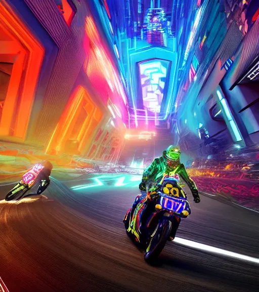 Image similar to psychedelic tron lsd crowded motorcycle race to the ancient and majestic tower of babylon destroyed, hyper realistic, ambient lighting, concept art, intricate, hyper detailed, trakovsky greatest scene, smooth, dynamic volumetric lighting, octane, raytrace, cinematic, high quality, high resolution, 4 k, cgsociety, rutkowski, gurney