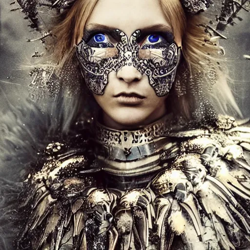 Prompt: scandinavian woman with beautiful face in armour insanely ornamented with north decorations, incredible detailed, mysterious atmosphere with ice and fire on the background, peter lindbergh style, fashion photo for vogue