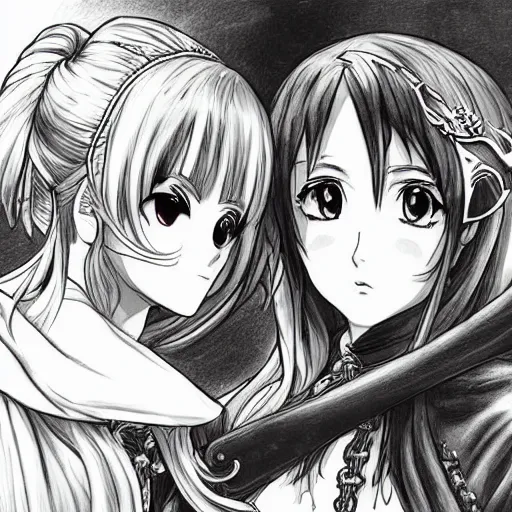 Image similar to a scene of a stare down between two beautiful female pirates, detailed anime art