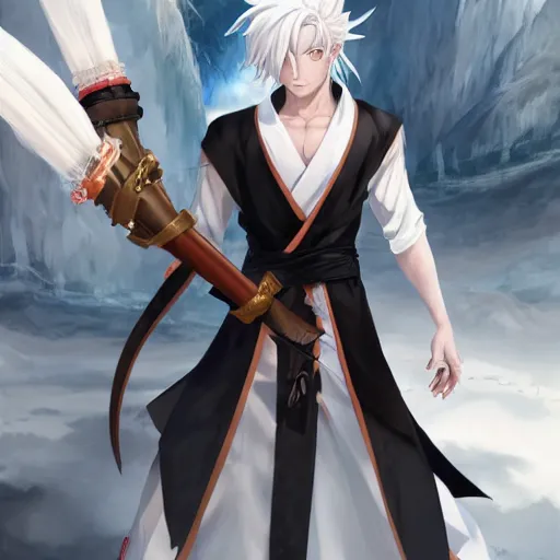 Prompt: white haired parted down the middle, wearing white hakama anime man with black sclera, with sharp teeth smile, full body portrait made by Stanley Artgerm, WLOP, Rossdraws, James Jean Andrei Riabovitchev, Marc Simonetti, Yoshitaka Amano, Artstation