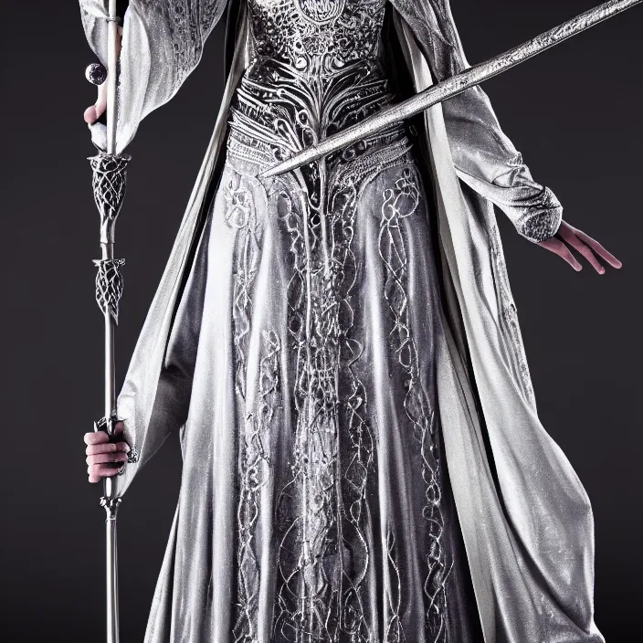 Image similar to photograph of a real-life beautiful lunar witch with intricate silver robes and staff. Extremely detailed. 8k