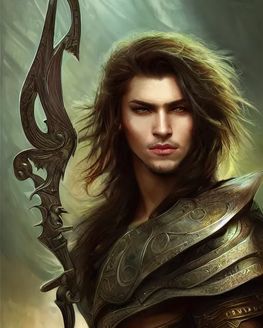 Image similar to a beautiful male warrior, perfect face with green eyes, 8 k, hyperrealistic, hyperdetailed, amazing ratio, fantasy portrait by laura sava