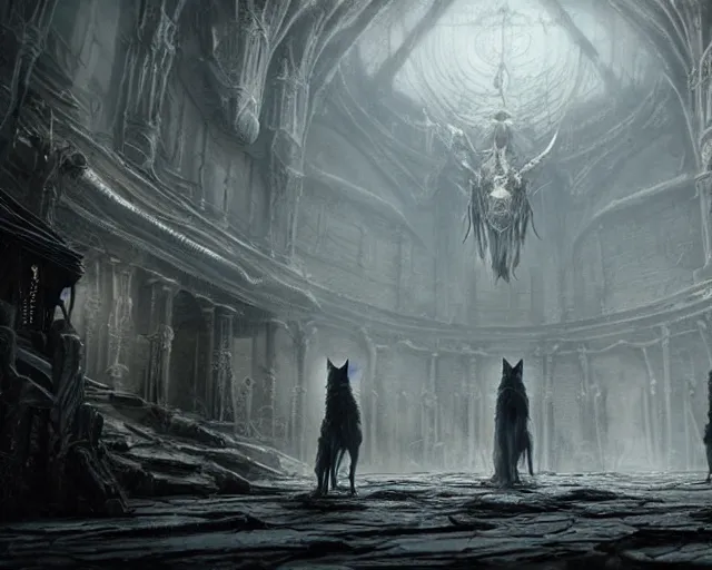 Image similar to king of the wolves - fantasy, inside the king's hall wolves and their treasures, ethereal, ominous, misty, 8 k, by h. r. giger and greg rutkowski, the last guardian by fumito ueda - elden ring