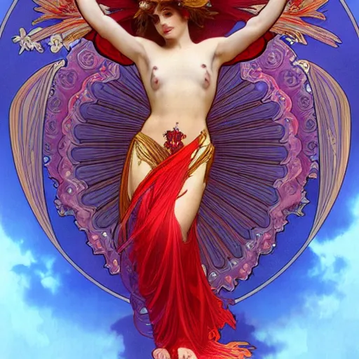 Image similar to a beautiful orchid phoenix angel woman, in an ornamented dress with large, volumetric light, god rays, 8 k high resolution, rubies, by alphonse mucha, artgerm