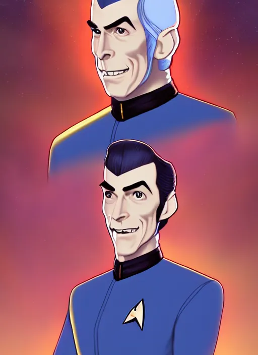 Image similar to cute star trek officer count dracula, natural lighting, path traced, highly detailed, high quality, digital painting, by don bluth and ross tran and studio ghibli and alphonse mucha, artgerm