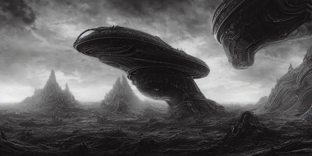 Image similar to a large ominous and geometric very ornate and detailed spaceship, lots of shapes intertwined very large and long floating over a barren dry land with an epic cloud formation on the background by lebbeus Woods, gustave doré, zhuoxin ye, James Paick,very detailed, octane render, 8k, scary and brooding, scary and dark, canon 24mm lens