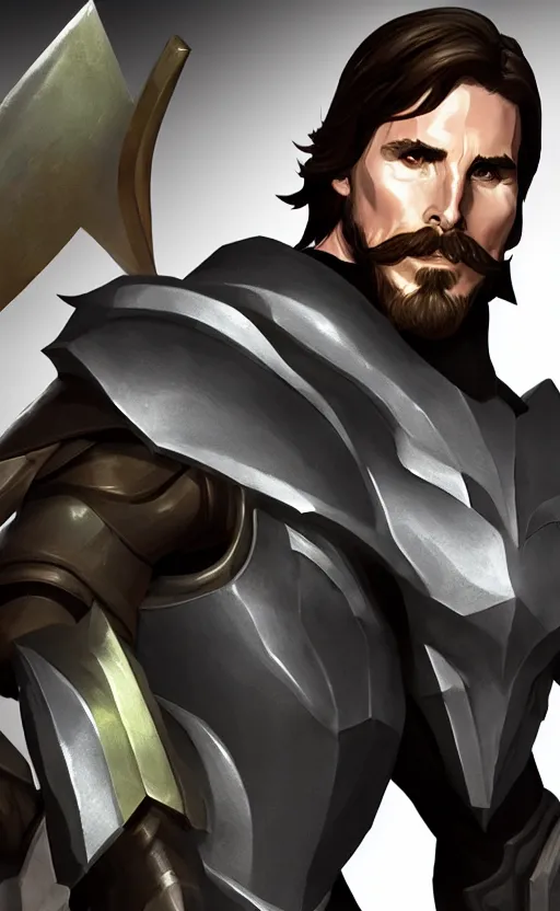 Image similar to Christian Bale as a character in the game League of Legends, with a background based on the game League of Legends, detailed face, old 3d graphics