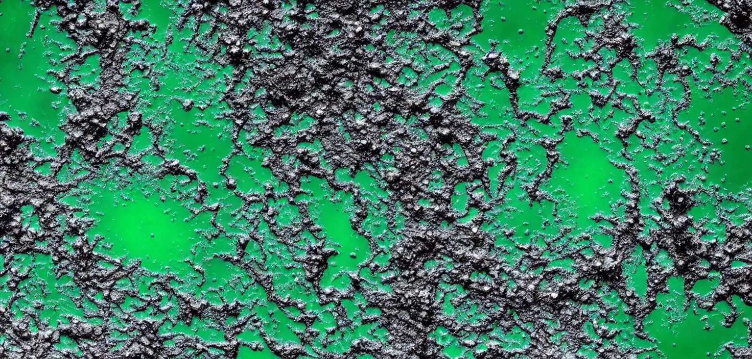 Image similar to satellite image of apocalyptic desert planet, oceans covered in mysterious black gooey liquid slime, rare green