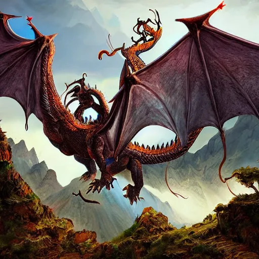 Prompt: dragon flying in mountain landscape, digital art, majestic, fantasy, d & d, intricate, hyper detailed, devianart, concept art, smooth, concept art, vibrant, photorealistic, rj palmer