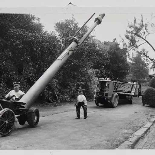 Image similar to photograph of an eldery gentleman towing a howitzer! artillery! with a mobility scooter on a street