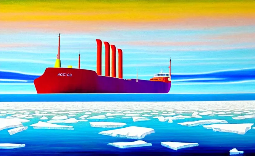 Prompt: a surreal colourful painting of arctic ice breaker going through ice field with epic cracks