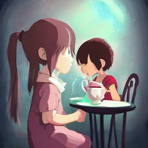 Prompt: little girl drinking tea with a friendly cryptid, artstation, studio ghibli