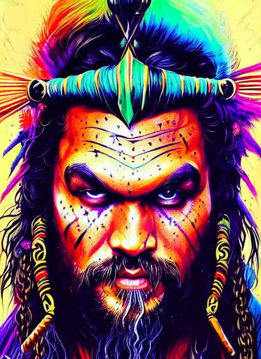 Image similar to portrait of jason momoa, hyper detailed ultra sharp aztec shaman warrior. trending on artstation, warpaint aesthetic, bloodwave, colorful, psychedelic, ornate, intricate, digital painting, concept art, smooth, sharp focus, illustration, art by artgerm and greg rutkowski and h. r. giger, 8 k