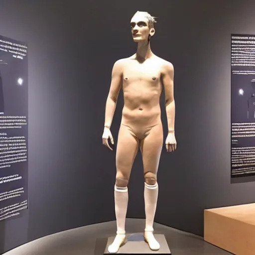 Image similar to “ a realistic detailed photo of a guy who is an attractive humanoid who is half robot and half humanoid, who is a male android, soccer player antoine griezmann, shiny skin, posing like a statue, blank stare, at the museum, on display ”