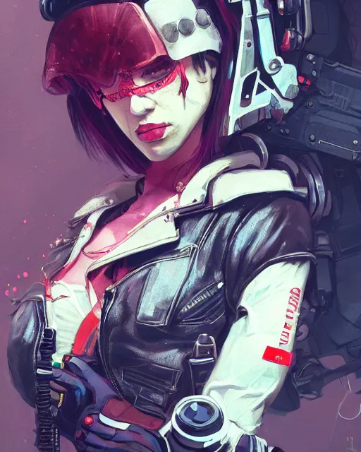 Prompt: female rouge assassin, wearing cyberpunk intricate streetwear, respirator, dirt bike, beautiful, detailed portrait, cell shaded, 4 k, vivid colours, concept art, by wlop, ilya kuvshinov, artgerm, krenz cushart, greg rutkowski, pixiv. cinematic dramatic atmosphere, sharp focus, volumetric lighting, cinematic lighting, studio quality