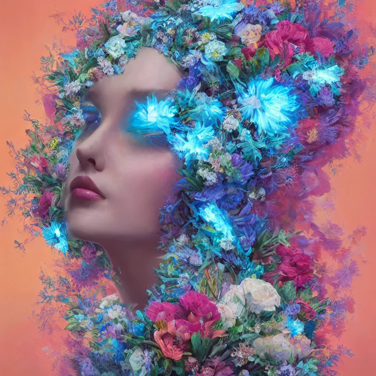 Image similar to a beautiful oil painting hyperrealism of a beautiful woman covered in flower bouquets, floral headdress, 8 k resolution, octane render, trending on artstation, by gediminas pranckevicius, volumetric light 2 blue fractal thunder glow by dan mumford, anaglyph effect, laurie lipton