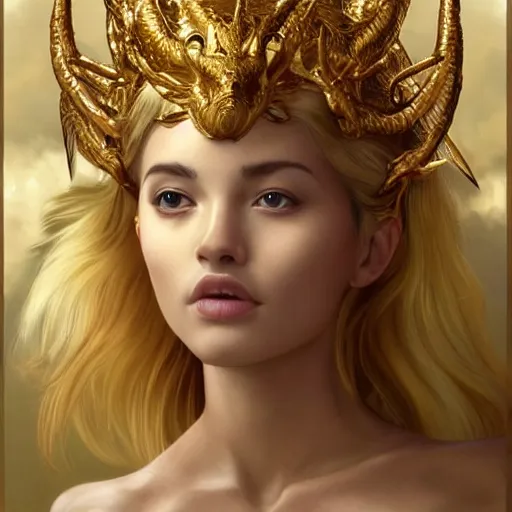 Image similar to Perfectly-centered portrait-photograph of a real life golden white king dragon from heaven, lifelike, super highly detailed, professional digital painting, artstation, concept art, Unreal Engine 5, Photorealism, HD quality, 8k resolution, cinema 4d, 3D, beautiful, cinematic, art by artgerm and greg rutkowski and alphonse mucha and loish and WLOP