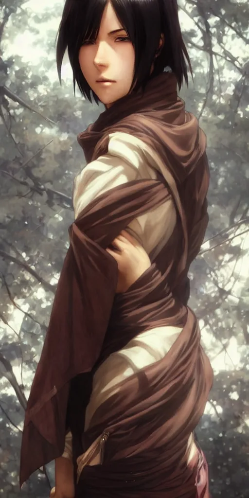 Image similar to mikasa ackerman, hero pose, medium shot, bokeh, beautiful face!!!!, 2 7 years old, cg animation, lifelike, animated, realistic, character select portrait, by artgerm, greg rutkowski, alphonse mucha, 3 d