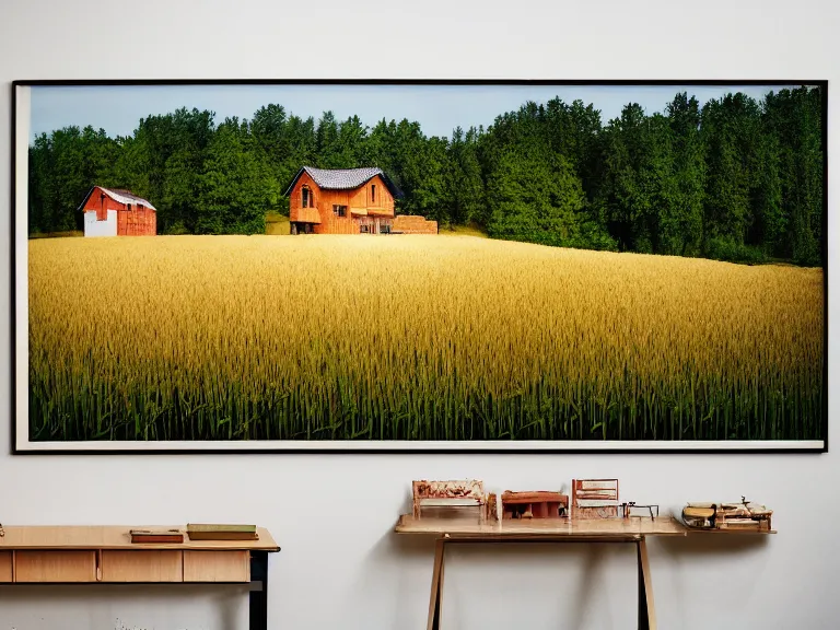 Image similar to hyperrealism photography of beautiful detailed eco house around the forest in small ukrainian village by taras shevchenko and wes anderson and caravaggio, wheat field behind the house