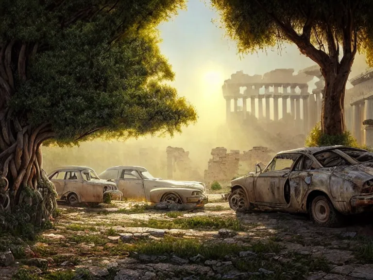 Image similar to a tree growing on a scrap car in ancient greek ruins, gray wasteland, many scrap cars, overgrown, pillars and arches, colorful flowers, vines, hyperrealistic, highly detailed, cinematic, ray of golden sunlight, beautiful, cgsociety, artstation, 8 k, oil painting by greg rutkowski, by artgerm, by wlop