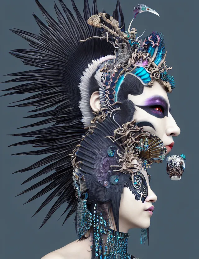 Image similar to 3 d goddess close - up profile portrait punk with mohawk with ram skull. beautiful intricately detailed japanese crow kitsune mask and clasical japanese kimono. betta fish, jellyfish phoenix, bio luminescent, plasma, ice, water, wind, creature, artwork by tooth wu and wlop and beeple and greg rutkowski