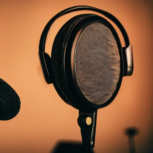 Image similar to A photograph of a bird wearing headphones and speaking into a high-end microphone in a recording studio.