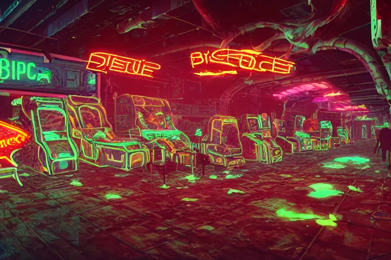 Prompt: batch of retro derelict biopunk arcades made of meat, bones and flash, placed on open space, neon, cyberpunk