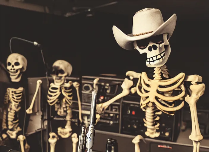 Prompt: an angry skeleton with cowboy attire shouting into a microphone in a rundown radio station studio filled with piles of beer cans